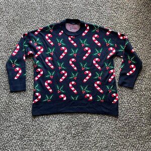 Kiabi Christmas Sweater Mens XL Navy Blue Christmas Candy Cane Festive Pullover